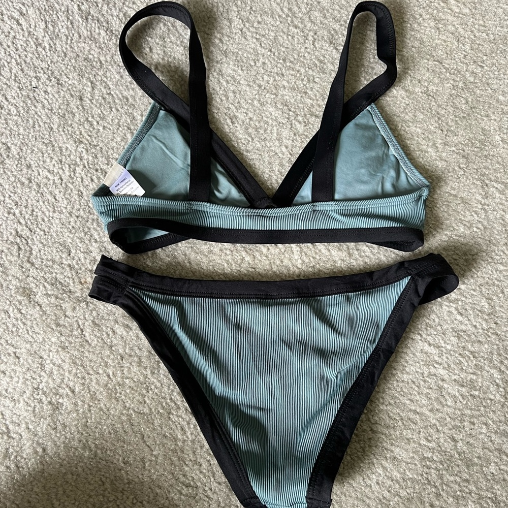 L*Space Teal and Black Ribbed Bikini Top and Bottom - Picture 2 of 5
